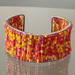 Boho Beaded Pink & Yellow Cuff Bracelet